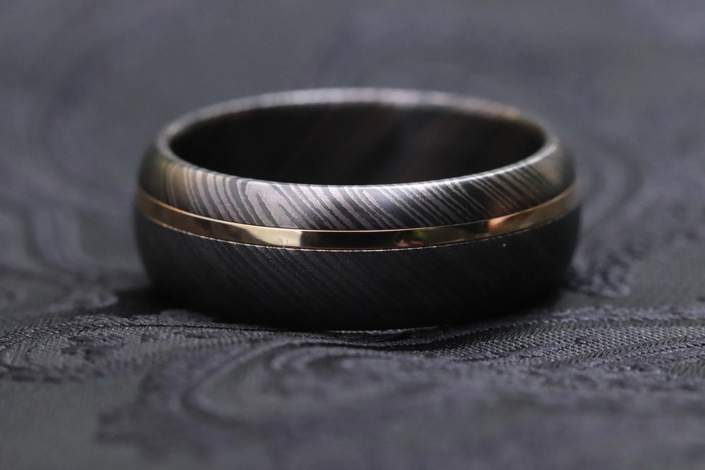 18k gold 8mm niobium / zirconium damascus wedding band, mens rings domed wedding band