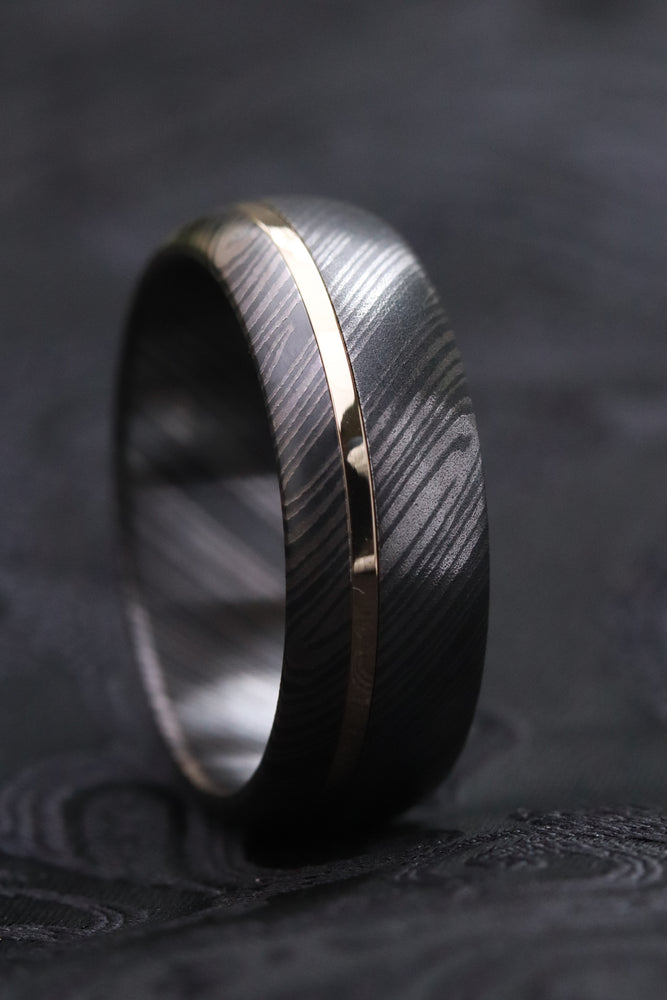 14k gold & black ZrTi, domed shape! 8mm , niobium / zirconium damascus wedding band, mens rings