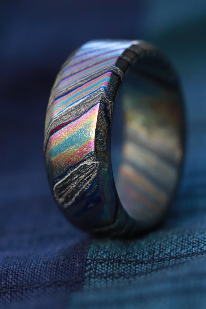 Florescent LIMITED EDITION customizable 8mm ring chamfered edge Solid Black Timascus ring 3mm-9mm wide timascus ring, mokuti ring (polished finish)