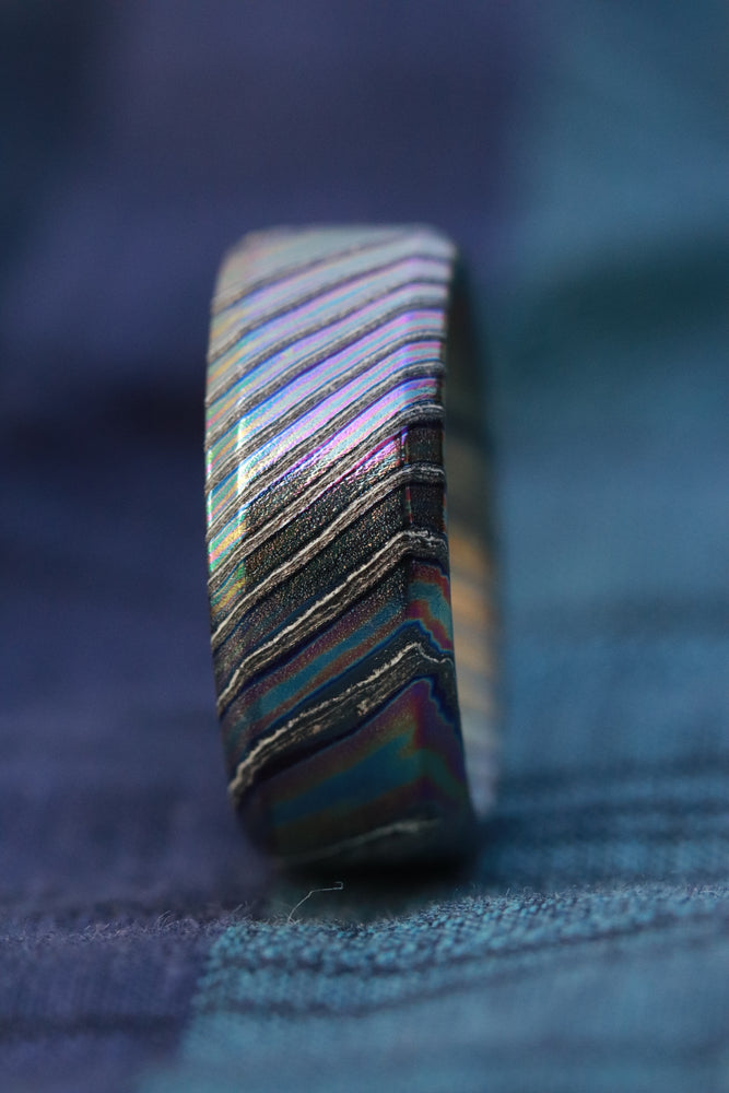 Florescent LIMITED EDITION customizable 8mm ring chamfered edge Solid Black Timascus ring 3mm-9mm wide timascus ring, mokuti ring (polished finish)