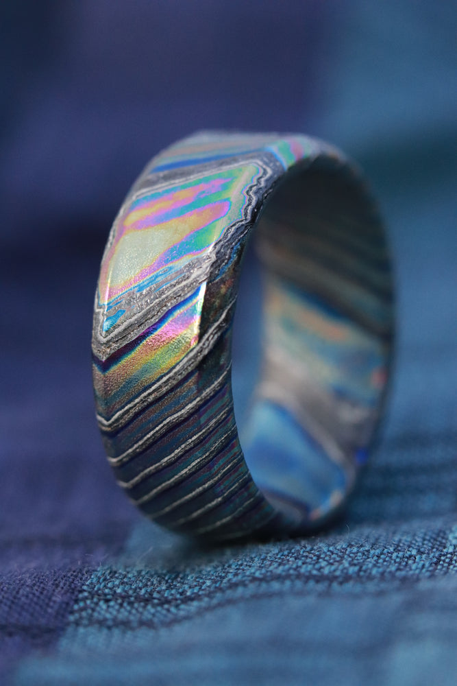 Florescent LIMITED EDITION customizable 8mm ring chamfered edge Solid Black Timascus ring 3mm-9mm wide timascus ring, mokuti ring (polished finish)