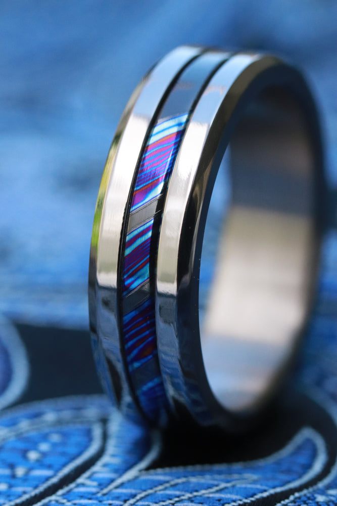 Grayson Blue" Limited Edition Series- 6mm titanium damascus Timascus / Mokuti timascus & black titanium ring, black timascus ring, mokuti ring