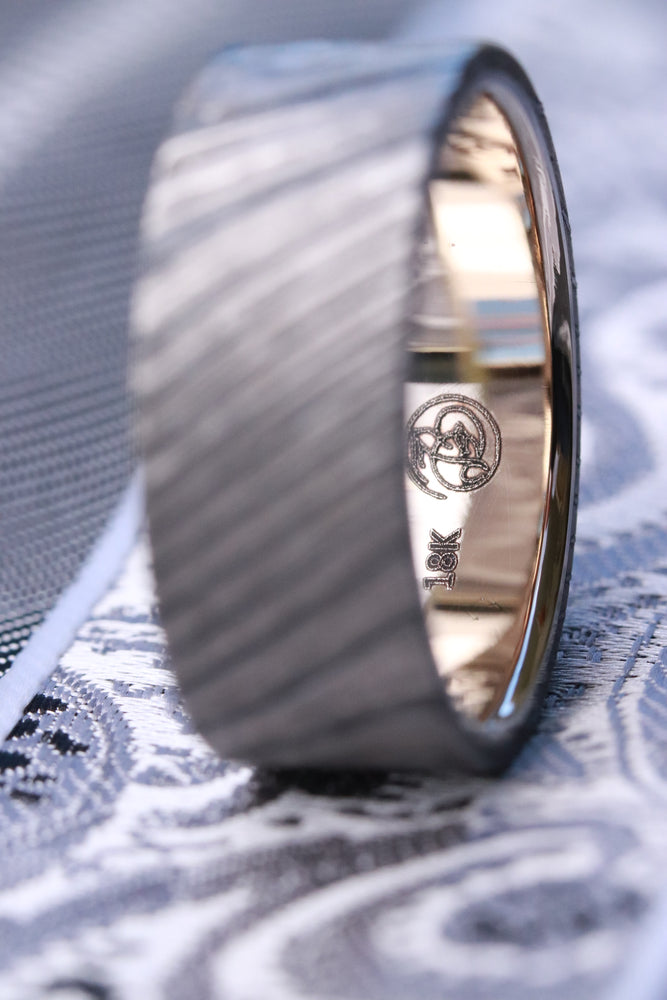 18k white stone timascus, zrti, gold lined zirconium titanium damascus wedding band