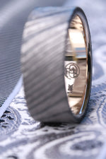 18k white stone timascus, zrti, gold lined zirconium titanium damascus wedding band