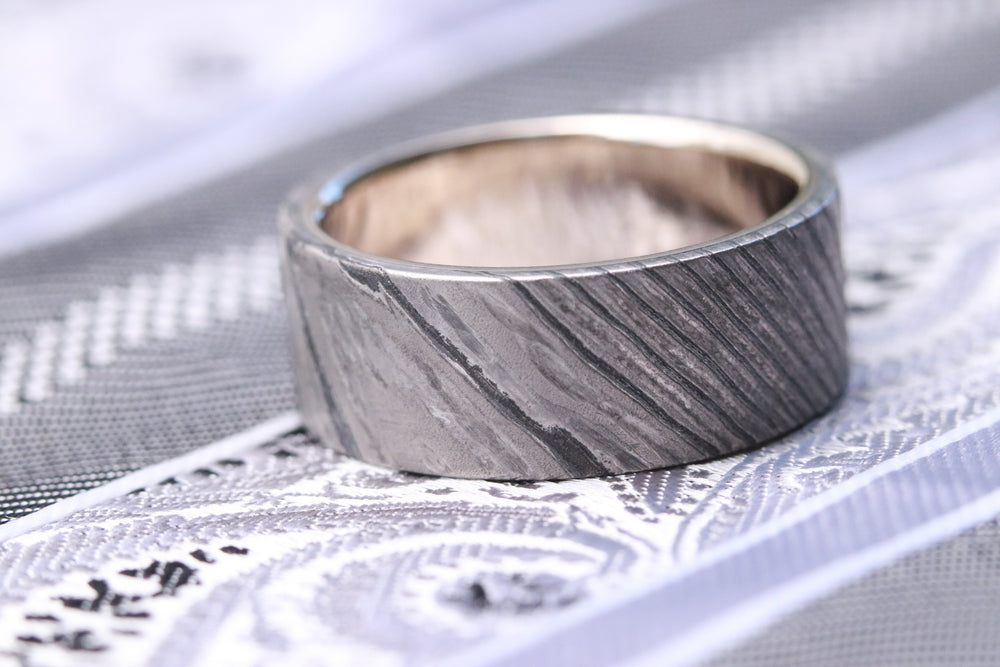 18k white stone timascus, zrti, gold lined zirconium titanium damascus wedding band