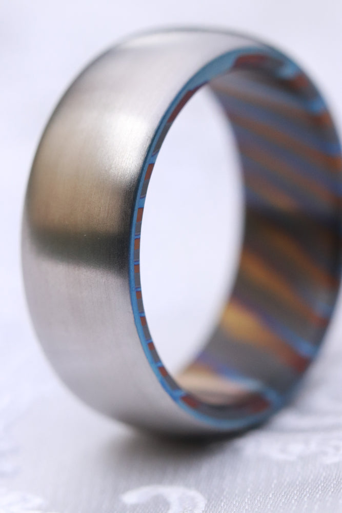 8mm domed titanium ring Black / ZrTi brushed titanium timascus ring,black timascus ring, mens rings weddingrings, zirconium damascus