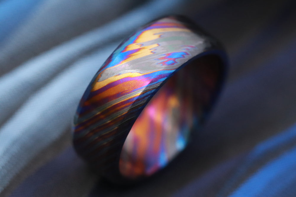 Solid Black (tik) ZrTi ring 3mm-9mm wide timascus ring, mokuti ring (polished finish)