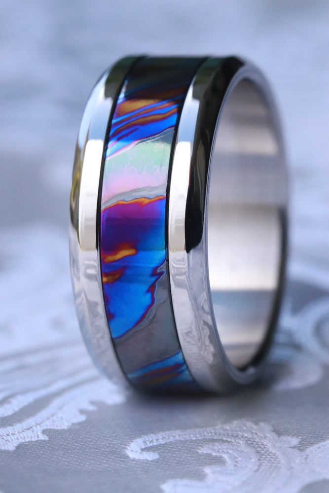 Grayson Blue" Limited Edition Series-10mm titanium damascus Timascus / Mokuti timascus & black titanium ring, black timascus ring, mokuti ring