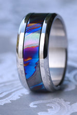 Grayson Blue" Limited Edition Series-10mm titanium damascus Timascus / Mokuti timascus & black titanium ring, black timascus ring, mokuti ring