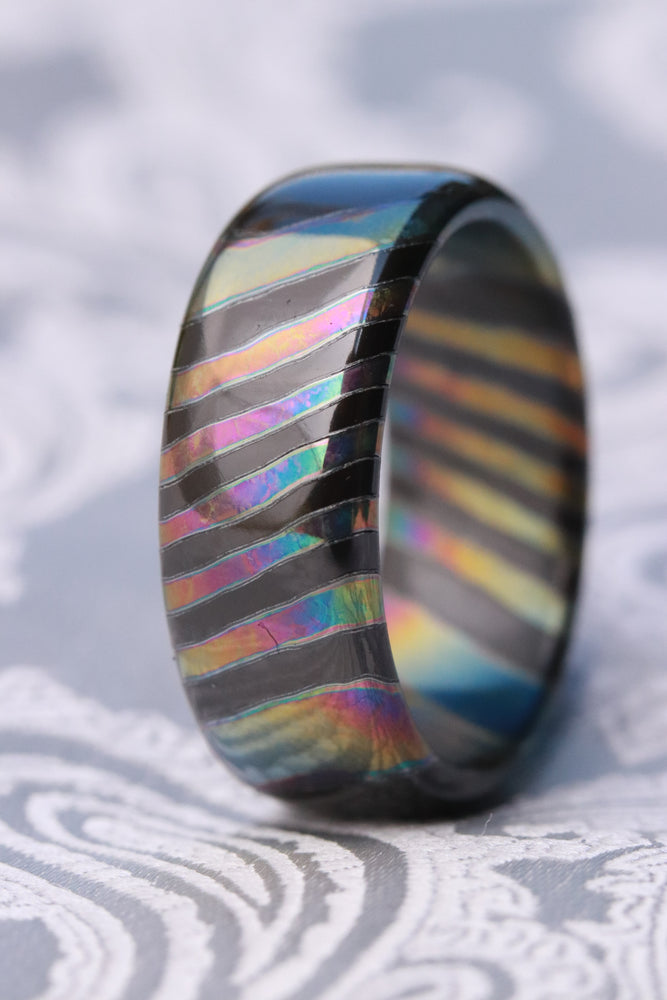 Florescent LIMITED EDITION***DARK Black Timascus ring 8mm (semi-polished) timascus ring, mokuti ring, colorful ring, hypoallergenic jewelry, Zirconium