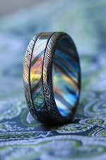 Timascus ring, damascus and timascus band, florescent titanium damascus ring