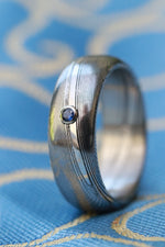 Damasteel ring 7mm wide /  2mm deep blue sapphire 14k gold customizable