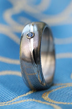 Damasteel ring 7mm wide /  2mm deep blue sapphire 14k gold customizable