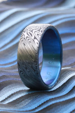 New blue tiranium *8mm Titanium lined  Damasteel Stainless Damascus "leaf" damascus steel ring,  damascus ring titanium ring, blue ring, mens rings