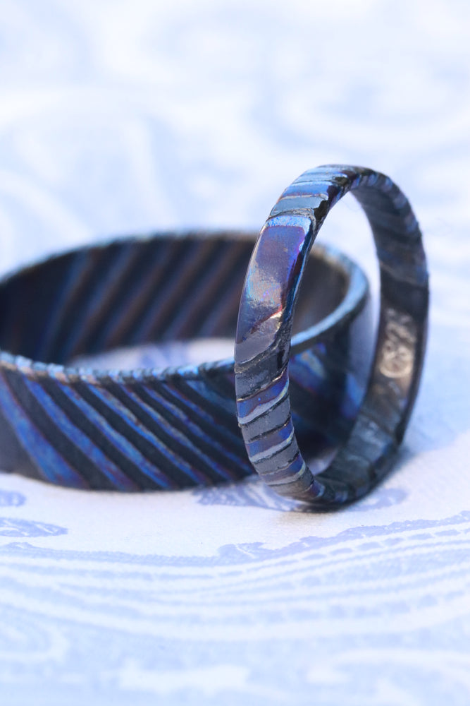 Deep Black ZrTi ring set (of 2) 3mm-9mm wide timascus ring