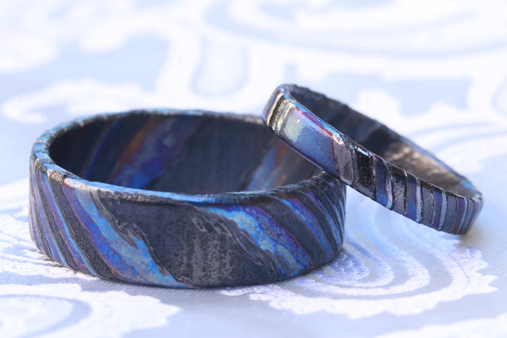 Deep Black ZrTi ring set (of 2) 3mm-9mm wide timascus ring
