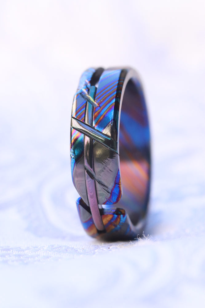 6mm Weathered cross ring, zirconium timascus ring, cross zrti ring hybrid zirconium titanium
