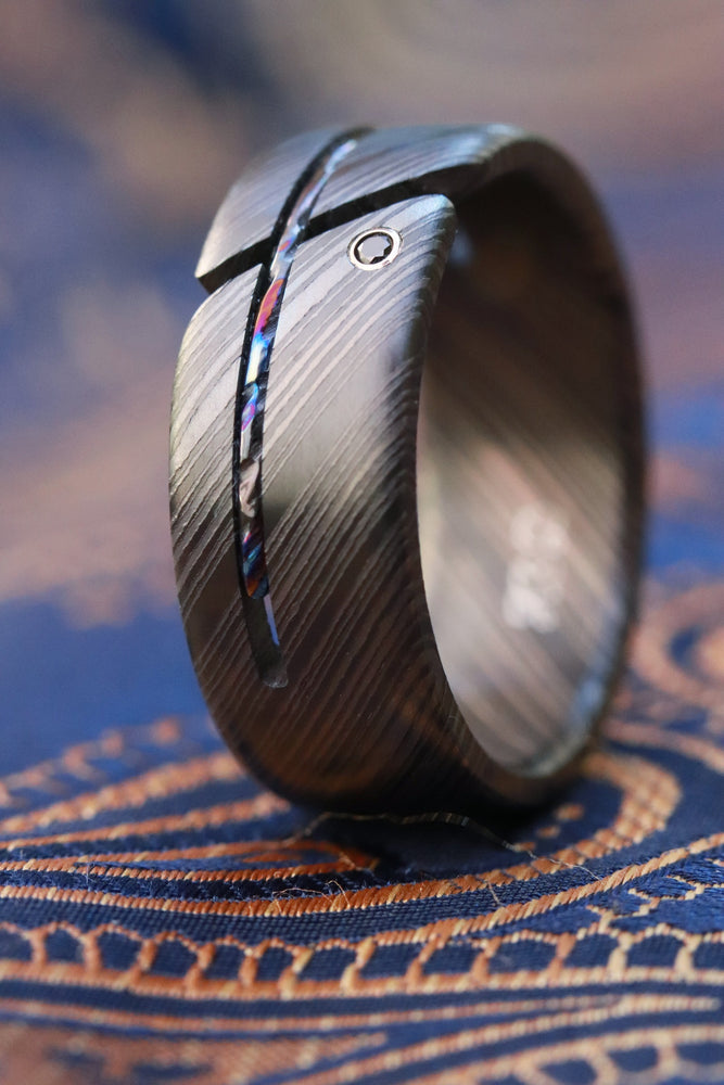 Hybrid - Niobium / Zirconium damascus - timascus black diamond ring, wedding band