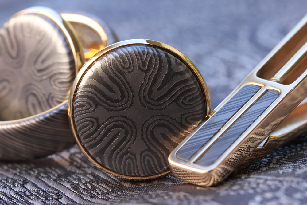 14k  tie clip, cufflink and ring set! yellow gold & black ZrTi/NbZr, domed shape! Niobium zirconium damascus ring