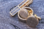 14k  tie clip, cufflink and ring set! yellow gold & black ZrTi/NbZr, domed shape! Niobium zirconium damascus ring