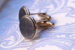 14k  tie clip, cufflink and ring set! yellow gold & black ZrTi/NbZr, domed shape! Niobium zirconium damascus ring