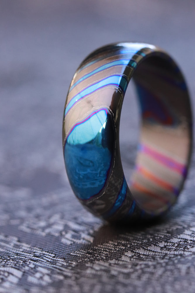 Blue Timascus zirconium titanium 8mm domed ZrTi ring 3mm-9mm wide timascus ring, mokuti ring (polished finish)