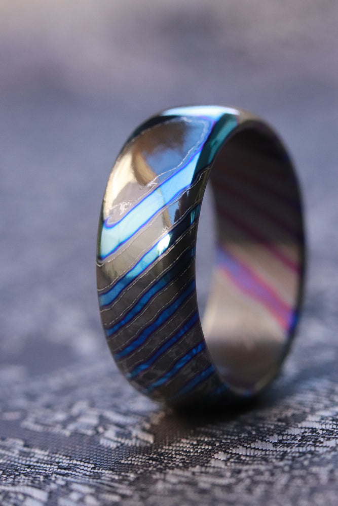 Blue Timascus zirconium titanium 8mm domed ZrTi ring 3mm-9mm wide tima ...