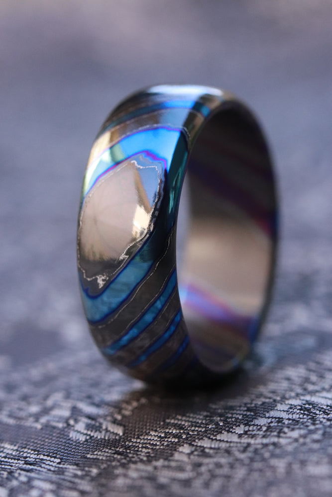 Blue Timascus zirconium titanium 8mm domed ZrTi ring 3mm-9mm wide timascus ring, mokuti ring (polished finish)