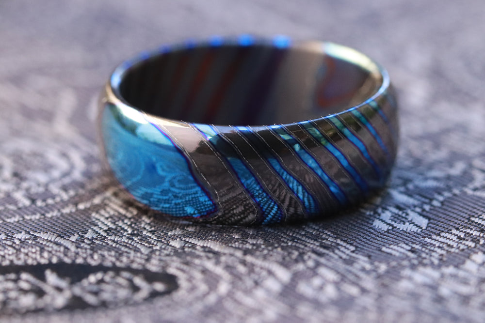 Blue Timascus zirconium titanium 8mm domed ZrTi ring 3mm-9mm wide timascus ring, mokuti ring (polished finish)