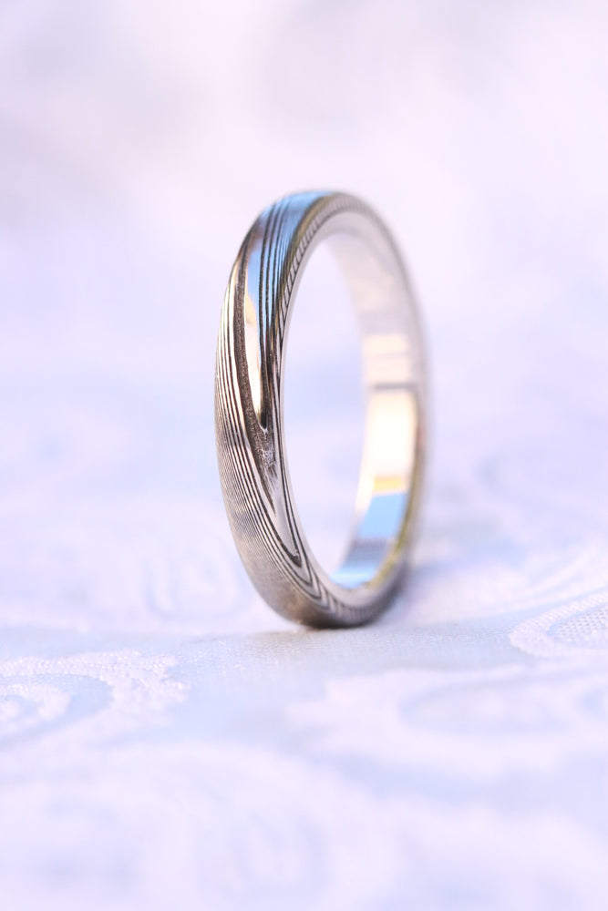 3mm womens Damascus steel ring Platinum & Stainless Damascus damasteel ring natural woodgrain pattern (customizable)
