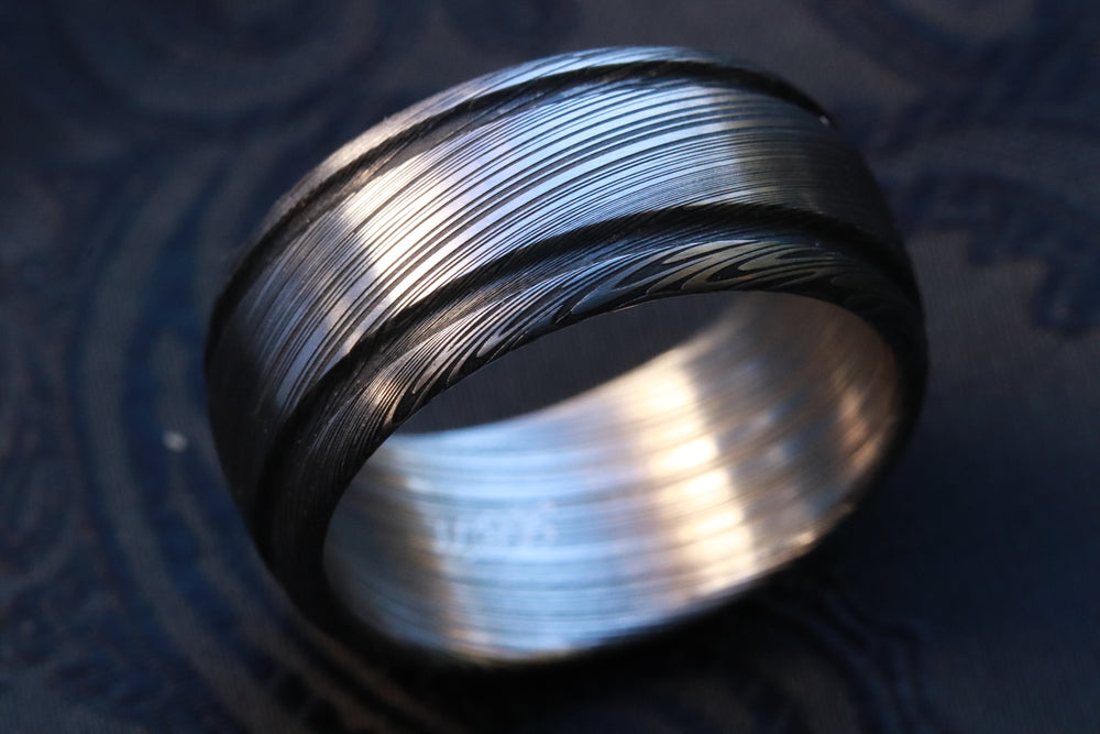 10mm Damascus steel ring Stainless steel Damascus "LEAF" Customizable ring! Dark etch / double grooved damasteel mens weddingbands mens rings