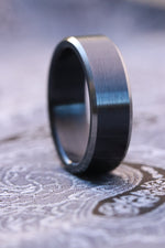 7mm wide black chamfered titanium ring, black ring