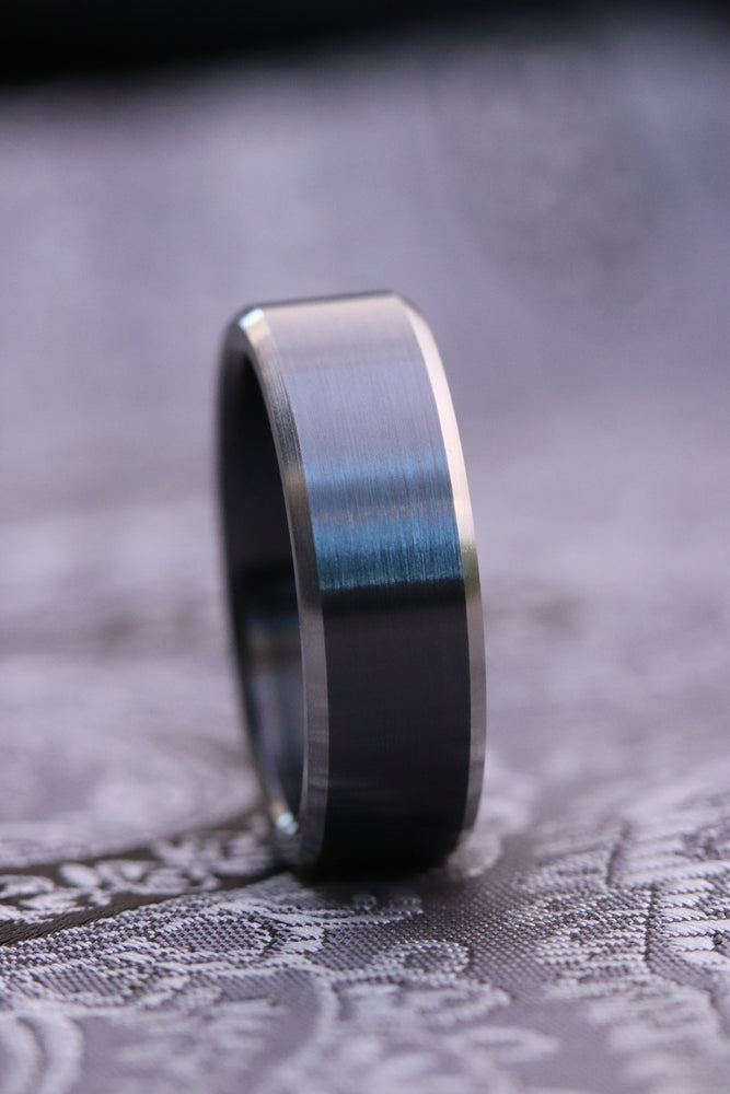 7mm wide black chamfered titanium ring, black ring