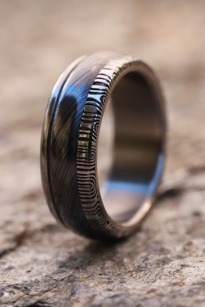 7mm niobium / zirconium domed ring damasteel damascus wedding band for men