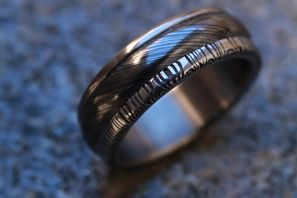 7mm niobium / zirconium domed ring damasteel damascus wedding band for men