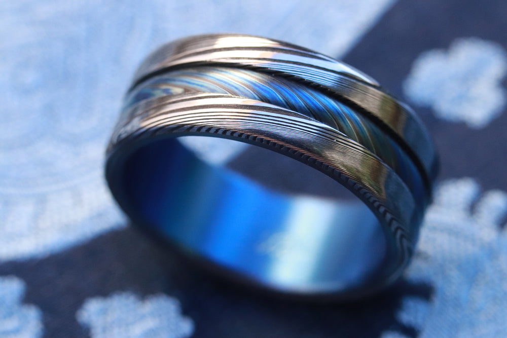 8mm blue mokuti Titanium lined  Timascus / Mokuti & Stainless Damascus (damasteel) "wood-grain" damascus steel ring