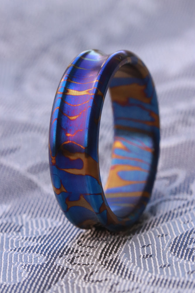 Timascus dragons breath customizable 8mm ring chamfered edge Solid Titanium damascus ring 5mm-8mm wide timascus ring, mokuti ring (polished finish) dragons breathe