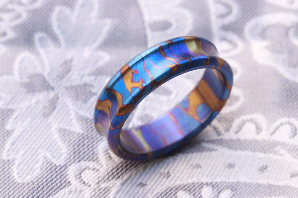 Timascus dragons breath customizable 8mm ring chamfered edge Solid Titanium damascus ring 5mm-8mm wide timascus ring, mokuti ring (polished finish) dragons breathe