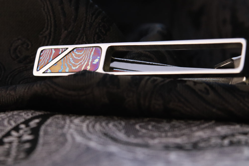 Mokuti tie clip / titanium damascus tie clip, timascus tie clip