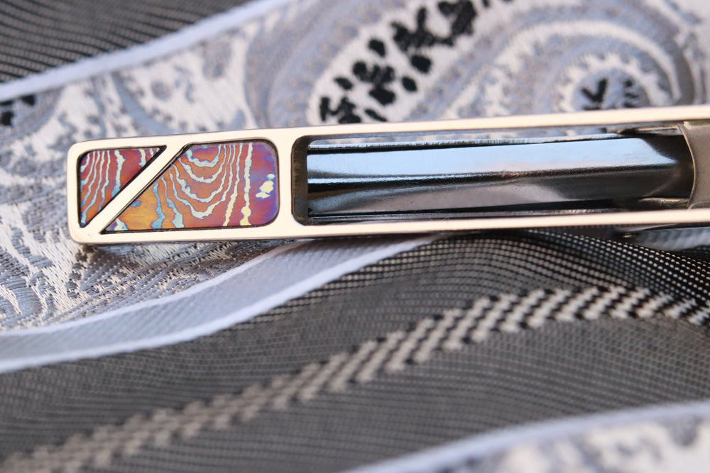 Mokuti tie clip / titanium damascus tie clip, timascus tie clip