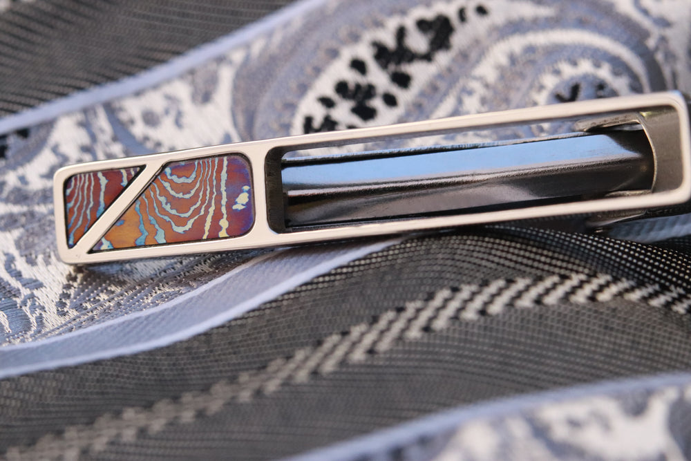 Mokuti tie clip / titanium damascus tie clip, timascus tie clip