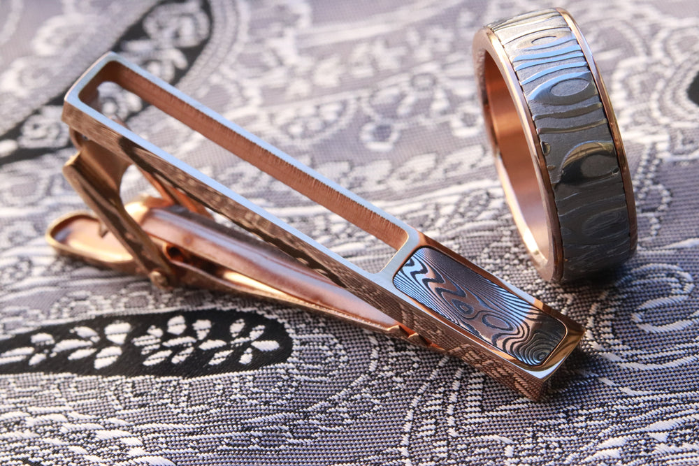 14k rose gold Damascus tie clip / stainless damascus tie clip, damasteel tie clip, tie bar