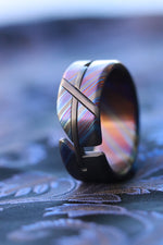 ZrTi timascus hybrid handmade titanium zirconium damascus ring, cross ring , unique weddi g band "Loam"