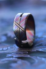 ZrTi timascus hybrid handmade titanium zirconium damascus ring, cross ring , unique weddi g band "Loam"