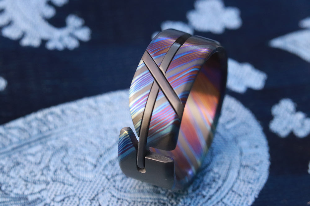 ZrTi timascus hybrid handmade titanium zirconium damascus ring, cross ring , unique weddi g band "Loam"