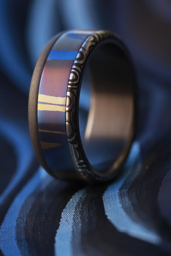 New*8mm Hawaiian Mokuti ring lined  Timascus ring Mokuti & Stainless Damascus steel ring damasteel "fenja"timascus ring black ring zirconium