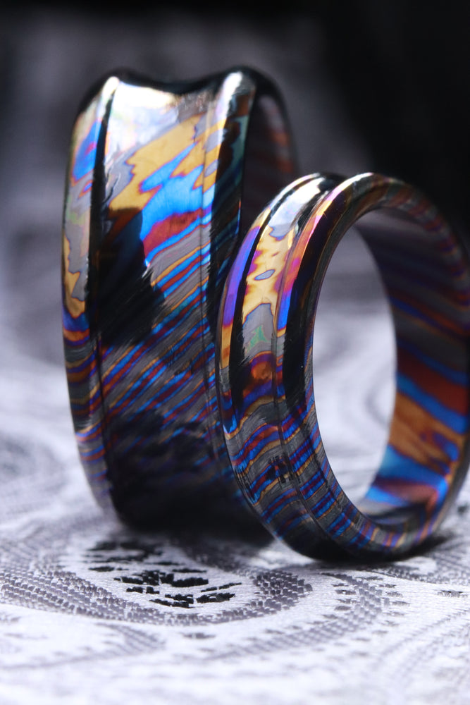His & her's set! X2 rings Timascus dragons' shape customizable 8mm ring chamfered edge Solid Zirconium Titanium damascus ring 5mm-8mm wide timascus ring, Zirconium Tiranium damascus ring (polished finish)