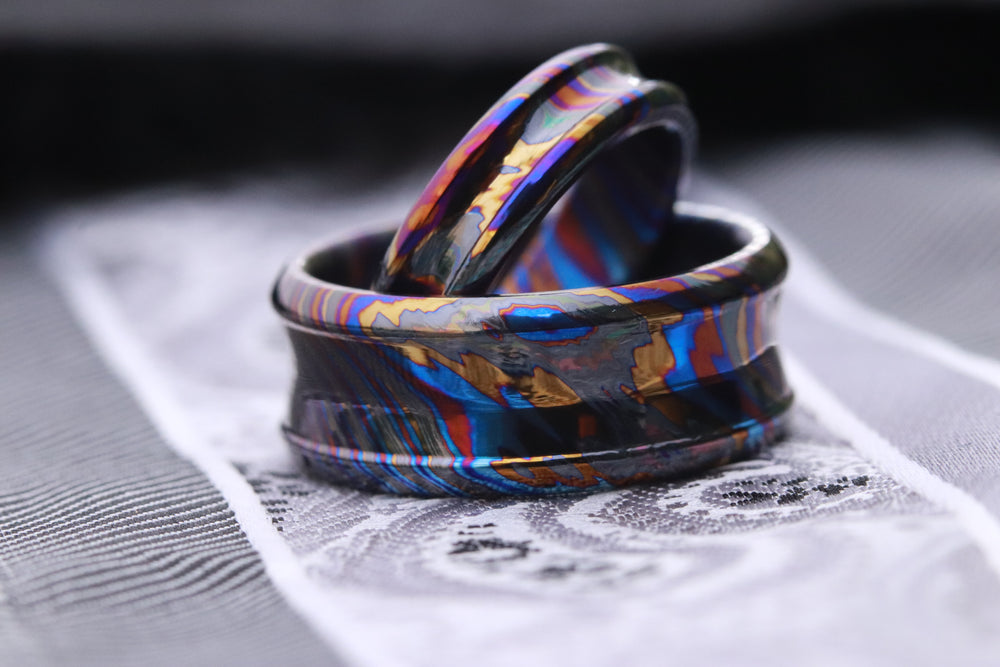 His & her's set! X2 rings Timascus dragons' shape customizable 8mm ring chamfered edge Solid Zirconium Titanium damascus ring 5mm-8mm wide timascus ring, Zirconium Tiranium damascus ring (polished finish)
