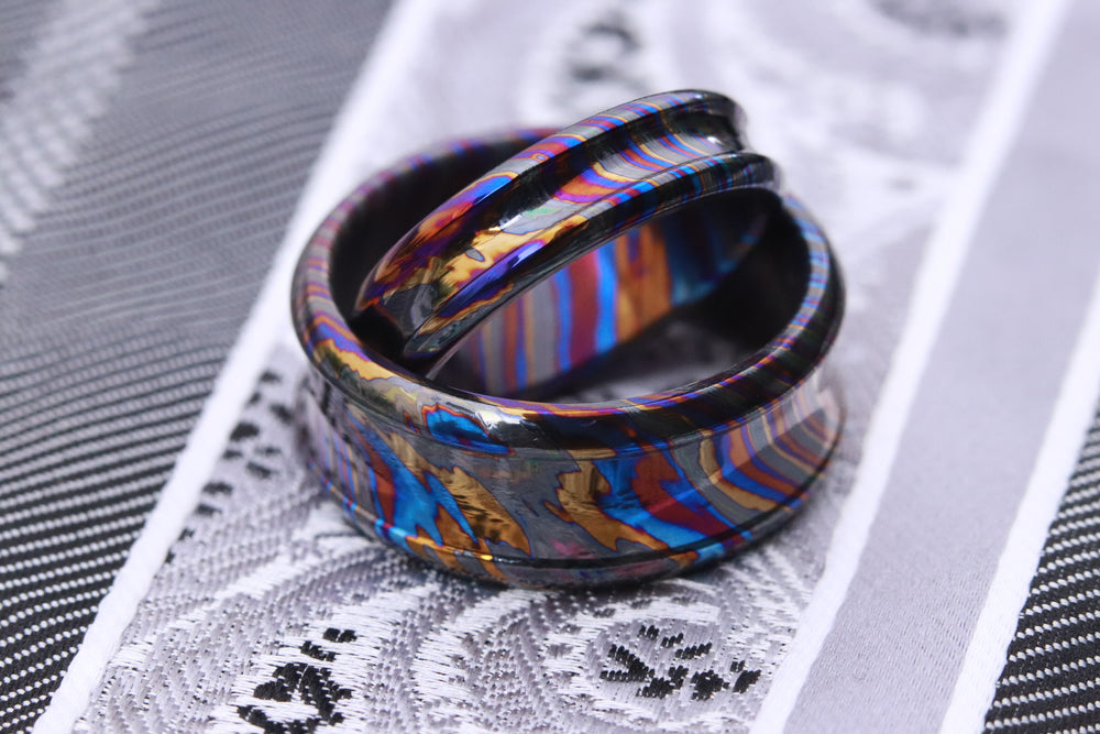 His & her's set! X2 rings Timascus dragons' shape customizable 8mm ring chamfered edge Solid Zirconium Titanium damascus ring 5mm-8mm wide timascus ring, Zirconium Tiranium damascus ring (polished finish)