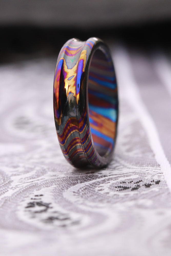 Womem's Timascus dragons' shape customizable 8mm ring chamfered edge Solid Zirconium Titanium damascus ring 5mm-8mm wide timascus ring, Zirconium Tiranium damascus ring (polished finish)